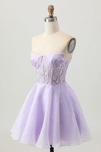 Glittrande En linje Axelbandslösa Paljetter Snörning Upp Tillbaka Mini Lila Homecoming Klänning med Beading