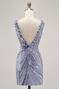 Glittrande lila V-ringad paljetter Bodycon Homecoming Klänning
