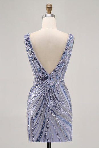 Glittrande lila V-ringad paljetter Bodycon Homecoming Klänning