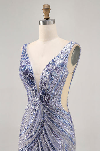 Glittrande lila V-ringad paljetter Bodycon Homecoming Klänning