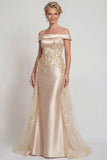 Champagne Off the Shoulder Applikation Satin Sjöjungfru Brudmors klänning