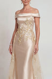 Champagne Off the Shoulder Applikation Satin Sjöjungfru Brudmors klänning