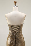 Metallic Mörk Gyllene Sjöjungfru Axelbandslös Cut Out Lång Balklänning med slits