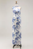 One Shoulder Blue Floral Sheath Bridesmaid Dress With Shawl