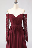 Cabernet axelav-axeln-linje Spetsklänning Mother of the Bride-klänning med långa ärmar