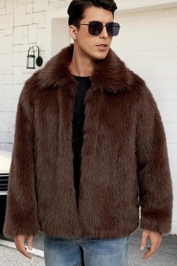 Svart Fluffig Fuskpäls Kort Vinter Mäns Kappa