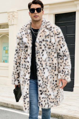 Vit Leopard Notched Kavajslag Lång Fuskpäls Vinter Mäns Kappa