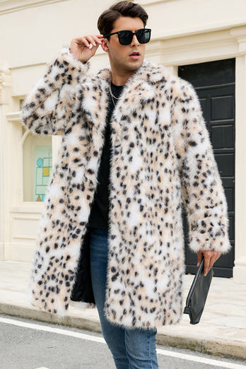 Vit Leopard Notched Kavajslag Lång Fuskpäls Vinter Mäns Kappa