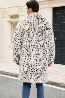Vit Leopard Notched Kavajslag Lång Fuskpäls Vinter Mäns Kappa