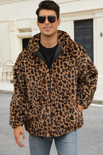 Coffee Leopard Faux Fur Mäns vinterkappa med fickor