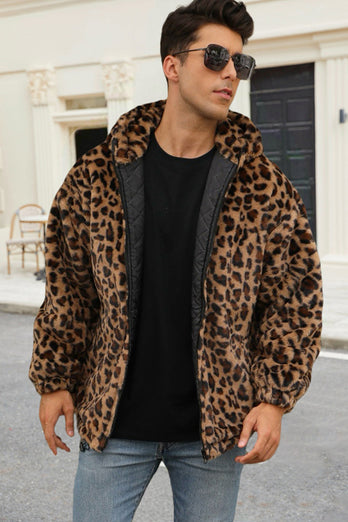Coffee Leopard Faux Fur Mäns vinterkappa med fickor