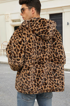 Coffee Leopard Faux Fur Mäns vinterkappa med fickor