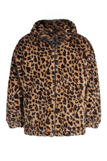 Coffee Leopard Faux Fur Mäns vinterkappa med fickor