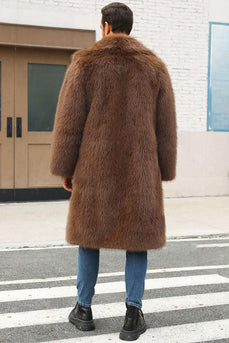 Brun Fluffig Fuskpäls Kavajslag Krage Lång Vinter Mäns Kappa