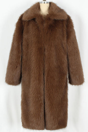 Brun Fluffig Fuskpäls Kavajslag Krage Lång Vinter Mäns Kappa