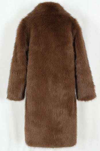 Brun Fluffig Fuskpäls Kavajslag Krage Lång Vinter Mäns Kappa