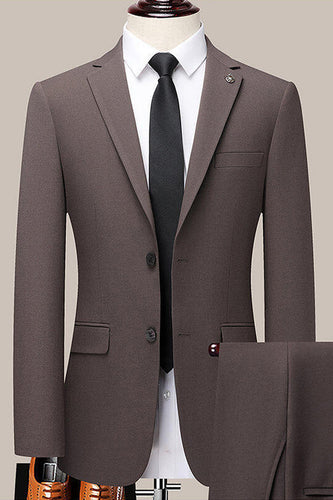 Coffee Notched Lapel Enkelknäppt Slim Fit Kostym