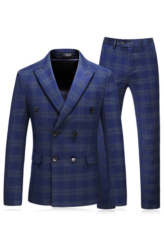 Men's Blue Striped Peaked Lapel 3 Pieces Prom Suits