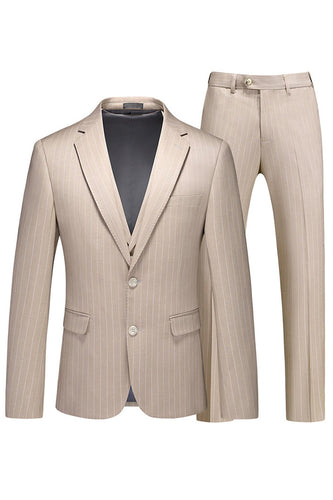 Khaki Randig 3 stycken Notched Lapel Mäns Formella Kostymer