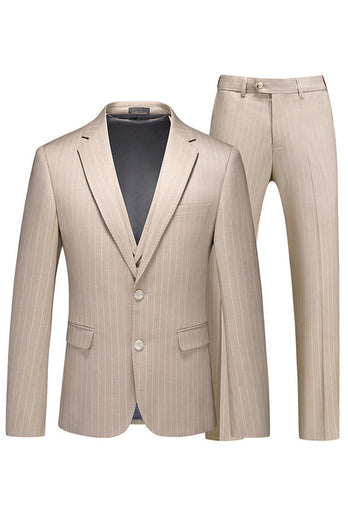 Khaki Randig 3 stycken Notched Lapel Mäns Formella Kostymer