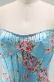 Axelbandslös blå A-linje korsett med tier-volang blommig lång balklänning med slits