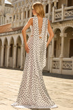 Tvådelad svart vita prickar sjöjungfrusatin lång balklänning med halsduk och halsduk