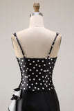 Svart vita prickar tvådelad sjöjungfru fyrkantig satinklänning med lång balklänning med volangslits