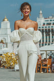 Off The Shoulder Rynkade Vita Spetsar Bröllop Jumpsuits