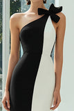 Svart och vit One Shoulder Bodycon Midi Formell Klänning med Rosett