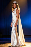 Vit Satin Mermaid Halter Lång Pageant Klänning med Cape