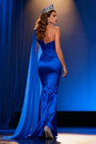 Royal Blue Satin Mermaid Sweetheart Lång Pageant Klänning med Cape