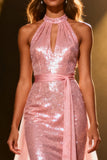 Glittrande Ljusrosa Sjöjungfru Paljett Halter Lång Pageant Klänning med Skärp