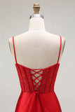 Gyllene Mermaid Spaghetti Straps Korsett Plisserad Lång Balklänning med Slits