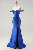 Royal Blue Mermaid Off The Shoulder Korsett Lång Balklänning med Beading