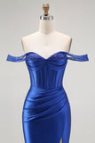 Royal Blue Mermaid Off The Shoulder Korsett Lång Balklänning med Beading