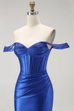 Royal Blue Mermaid Off The Shoulder Korsett Lång Balklänning med Beading
