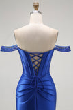Royal Blue Mermaid Off The Shoulder Korsett Lång Balklänning med Beading