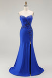 Royal Blue Mermaid Axelbandslös Snörning upp Rygg pärlstav Lång Balklänning med slits