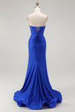 Royal Blue Mermaid Axelbandslös Snörning upp Rygg pärlstav Lång Balklänning med slits