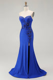 Royal Blue Mermaid Axelbandslös Snörning upp Rygg pärlstav Lång Balklänning med slits