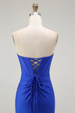 Royal Blue Mermaid Axelbandslös Snörning upp Rygg pärlstav Lång Balklänning med slits