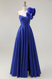 Royal Blue One Shoulder Korsett En linje Satin Lång Balklänning med slits