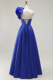 Royal Blue One Shoulder Korsett En linje Satin Lång Balklänning med slits