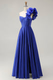Royal Blue One Shoulder Korsett En linje Satin Lång Balklänning med slits