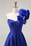 Royal Blue One Shoulder Korsett En linje Satin Lång Balklänning med slits