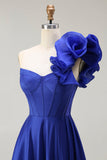 Royal Blue One Shoulder Korsett En linje Satin Lång Balklänning med slits