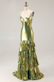 Guld Metalliska Tiered Mermaid Tie Back Lång Prom Klänning Med Slits