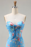 Blå blommig sjöjungfru Sweetheart Volang lång balklänning med slits
