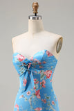 Blå blommig sjöjungfru Sweetheart Volang lång balklänning med slits