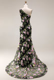 Svart enaxlad blommig sjöjungfruklänning med lång balklänning med släp